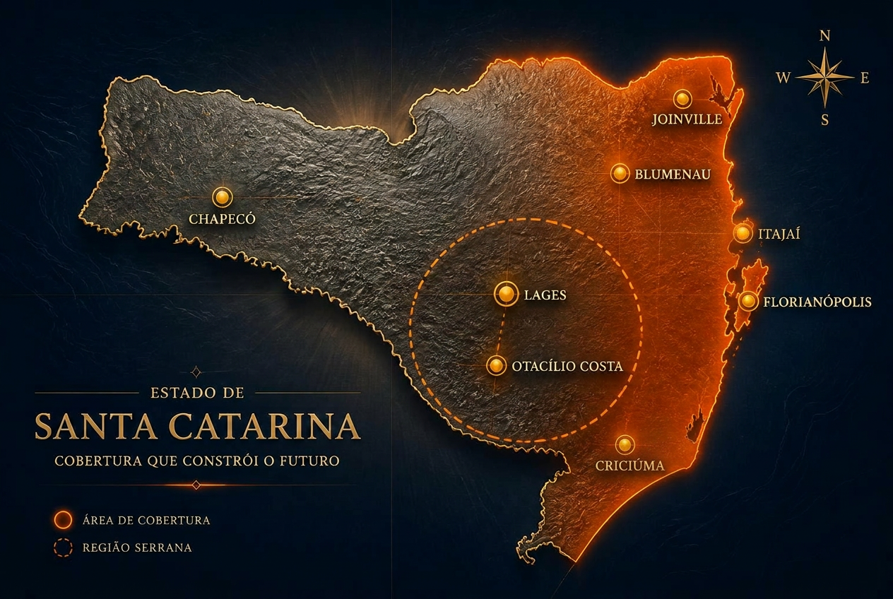 Mapa de abrangência do Grupo Luna em Santa Catarina — cobertura completa nos DDDs 47 e 48, e na região serrana de Lages e Otacílio Costa (DDD 49)